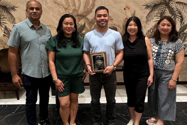 At Sir Manny Pacquiao's home. Presenting him with a token of our appreciation. L to R: Dr John Kumar; Trish Lindsey, RN; Sir Manny Pacquiao; Lisa Fujimoto-Yamaguchi, PA-C; Eleanor Barrientos, RN.